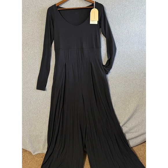 Blogilates Cascade V-Neck Jumpsuit Black Wide Leg Long Sleeve Pockets New L - Picture 2 of 11
